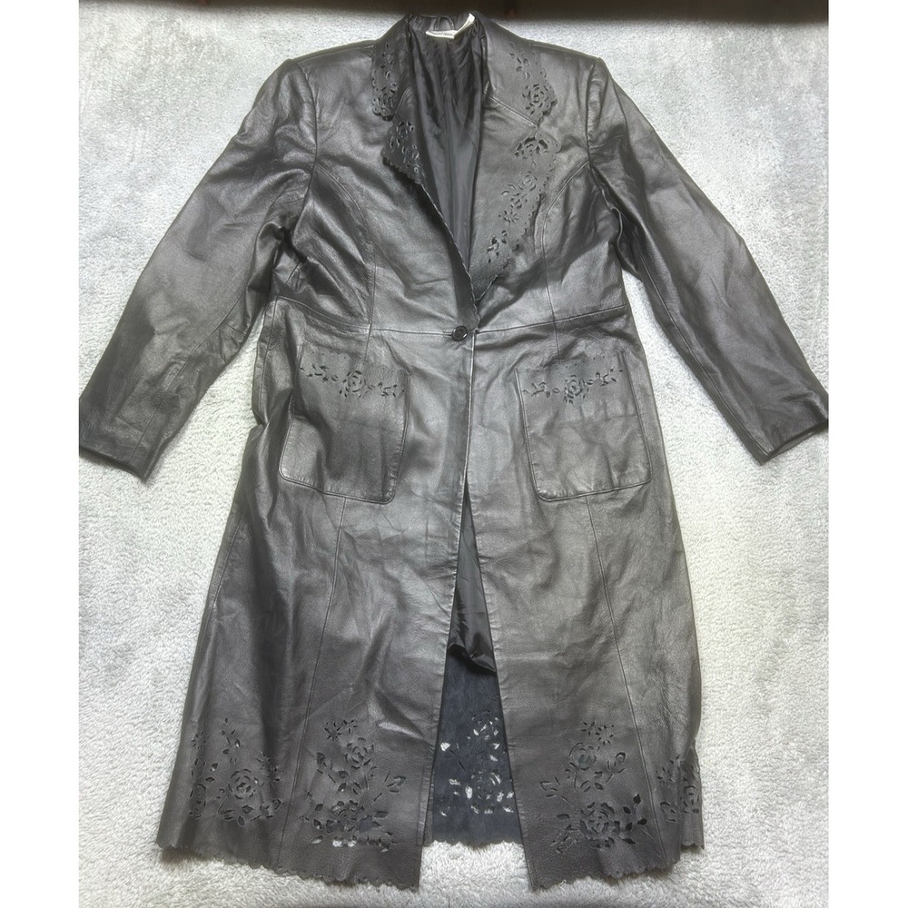 Vintage Newport News Trench Coat Women L Black Leather LACE Long‎ Button Lined